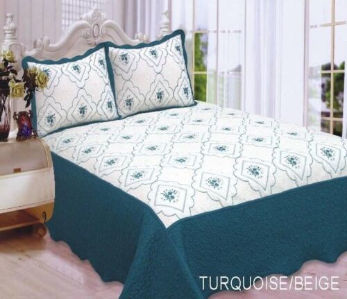 ANNA FLOWERS EMBROIDERED TURQUOISE & BEIGE BEDSPREAD COVERLET SET 3 PCS KING