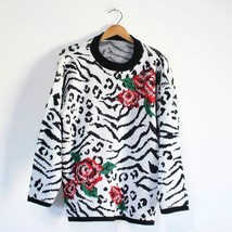 Vintage Zebra Floral Rose Sweater Large - £52.58 GBP