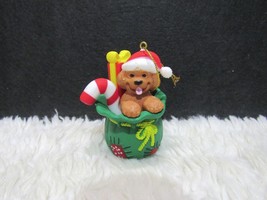 Plastic Puppy With Santa Hat Sitting In Santa&#39;s Toy Bag Ornament - £4.64 GBP