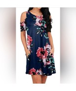 Ofeefan EUC Women&#39;s Cold Shoulder Rose Blue Floral Swing Dress Pockets S... - $17.54