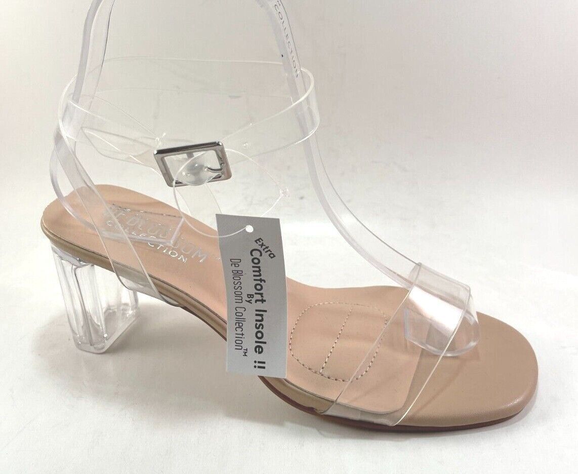 De Blossom Chloe-10 Nude/Lucite Mid Heel Dress Strappy Sandal - $27.00