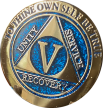 5 Year AA Medallion Elegant Glitter Blue Gold Plated Sobriety Chip Coin five - £12.57 GBP