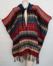 New Sacred Threads One Size Black Rust Teal Aztec Open Poncho Jacket Hood - £18.11 GBP