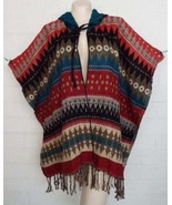 New SACRED THREADS One Size Black Rust Teal Aztec Open Poncho Jacket Hood - £17.87 GBP