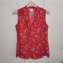 Cabi | #5219 Crush Red Floral Sheer Sleeveless Blouse with Ruffle Womens XS - £19.02 GBP