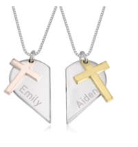 Sterling Silver Two Tone Couples Heart Cross Necklace Set - £96.22 GBP