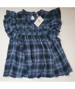 Free People Womens Not Your Average Girl Plaid Ruffled Blouse Top Navy S... - $68.51 CAD