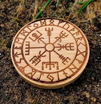 Handmade engraved wooden Small Mirror with Viking Vegvisir Runic Compass Pagan - $11.27