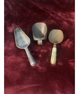 3 Metal Scoops Tin /Green Wooden Handle/Aluminum Kitchen Country Farmhou... - $24.75