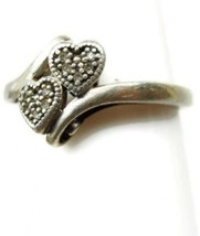 sz 7 Marcasite Double Heart Ring Sterling Silver 925 - Lover&#39;s Gift 2.7g Vintage - $49.49