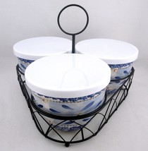 Temptations Old World Blue 3 Bowl Bake Serve Set Wire Caddy Party Buffet w/ Lids - £32.96 GBP