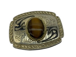 Vintage Western Style Belt Buckle Brown Yellow Stone Glass Gold Tone 4&quot; - £16.23 GBP