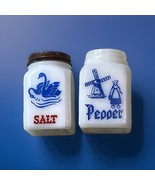 Vintage Milk Glass Salt &amp; Pepper Shakers Made in USA Blue Swan Windmill ... - $15.83