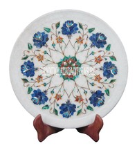 12&quot; Marble Round Plate Lapis Lazuli Stone Mosaic Inlay Floral Art Home D... - £404.21 GBP