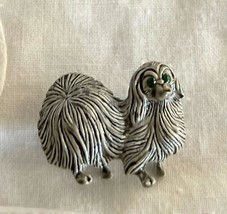 Vintage Pekinese Dog Brooch Enamel with Green Jeweled Eyes 1.25&quot; Signed ... - $12.86