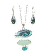 Sea Glass and Abalone Pendant Necklace and Earrings Silver - £11.90 GBP