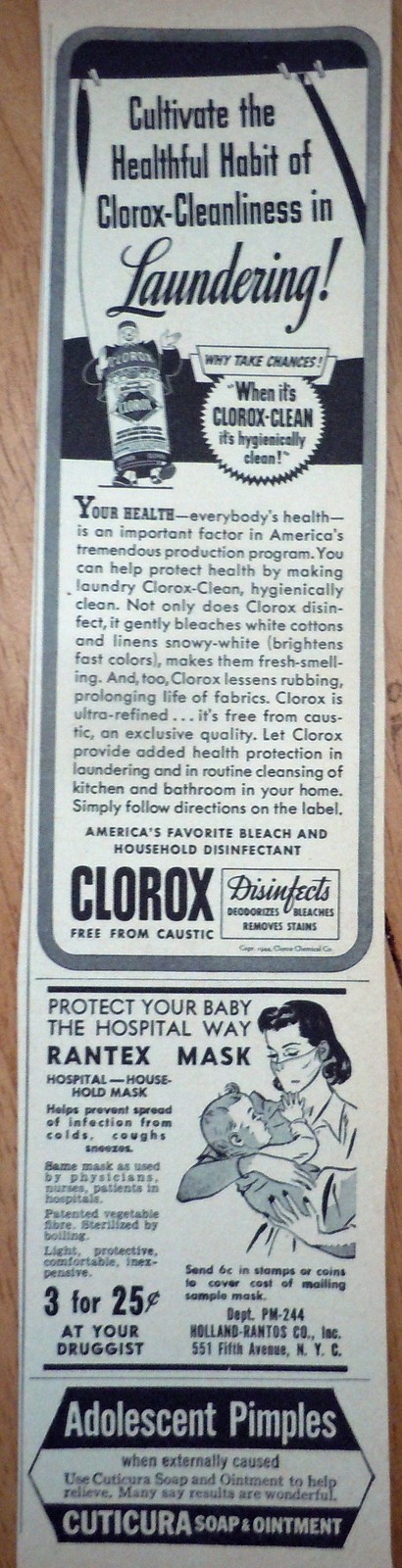 Clorox &amp; Rantex Mask Small Magazine Advertising Print Ad Art 1940s - $3.99