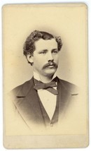 Antique CDV Circa 1870&#39;S Handsome Man Moustache Curly Hair Crosby Lewiston, ME - £9.58 GBP