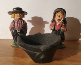 Vintage Cast Iron Figurine Lot Of 3 Amish Boy, Girl And Coal Bucket Americana - £35.52 GBP
