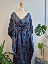 Mashru Silk Kaftan Ajrakh Handprinted Luxury Lounge | Indigo Blue Red Mu... - $125.00