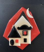 Vintage House Pin Pins by Lucinda Red Background White Houses Crescent Moon - £13.73 GBP