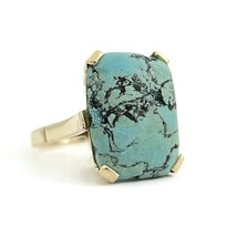 Vintage 1960&#39;s Rectangle Turquoise Cocktail Ring 12K Yellow Gold, 7.38 Gr - £792.49 GBP