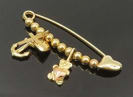 14K GOLD - Vintage Religious Cross Teddy Bear &amp; Anchor Charm Safety Pin - GOT042 - £281.77 GBP