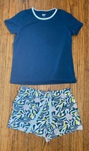 Lands End Fish Shorts Teal Shirt Pajamas Set Medium 10 - 12 Nautical Coastal - $19.80