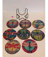 Dragonfly Coasters Handcrafted Diamond Dotz Wood Cork Back Set of 8 With... - $218.24 MXN