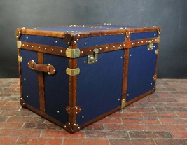 Antique Handmade English Tan Leather Coffee Chest Coffee Table Trunk Box TR - $1,030.96