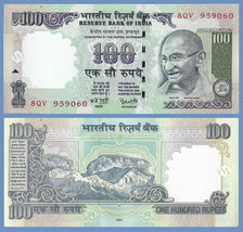 India P98i, 100 Rupees ,&quot;Mahatma&quot; Gandhi / Mt Kanchenjunga (Himalaya) UN... - £3.25 GBP