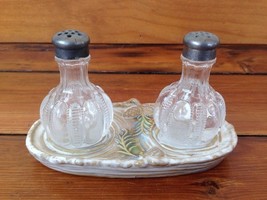 Vtg Antique Salt Pepper Shakers Silverplate Tops Majolica Pine Cone Tray... - $49.49