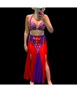 Luxury Belly Dance Costume: Red &amp; Purple Rhinestone Bra Skirt - $289.00
