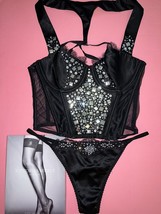 Victoria&#39;s Secret longline 34C,36C BRA SET CORSET M BLACK satin STUDDED ... - £110.16 GBP