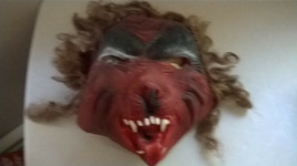 Latex Rubber Red Werewolf Face Head Halloween Mask Brown Hair - £13.19 GBP