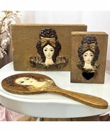 Vintage Handmade Vanity Set Boxes Hand Mirror Papier Mache Woman 3D 1960... - $70.13