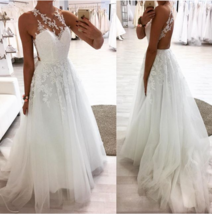 Halter Neck A-line White Tulle Wedding Dress Lace Appliques Women Bridal Gowns - £136.23 GBP