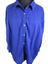 Catherines Plus Size 3X Royal Blue Embroidered Cotton Long Sleeve Button Top - £13.14 GBP