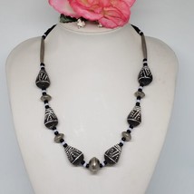 Vintage Mali Clay Beaded Necklace Black Tribal Ethnic Bead Silver Tone C... - $29.95