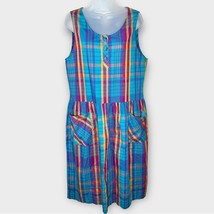 VINTAGE colorful spring summer plaid woven midi dress size large - £27.07 GBP