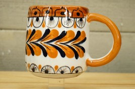 Artisan Pottery Mug Handmade Palopo Guatemala Graphic Brown Black Feathe... - $19.79