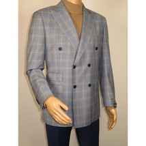 Men's Mono Double Breasted Blazer Super 180s Wool 1523-02 Blue Brown Plaid image 2