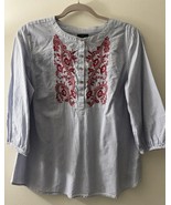 Talbots Top Women Petite Medium Blue Red Stripe Embroidered Floral Boho ... - $34.65