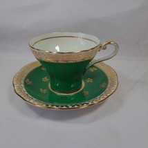 Vintage Aynsley Desborough Green and Gold Bone China Teacup and Saucer - £30.17 GBP