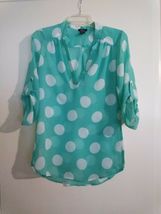 Rue 21 Long Sleeve Green with White Polka Dots Circles Shirt Sheer Size ... - £7.81 GBP