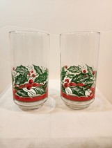 Set of 2 Vintage Libbey Holly &amp; Berries Flat Tumbler Juice Tea Glasses C... - $19.31
