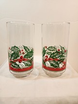 Set of 2 Vintage Libbey Holly &amp; Berries Flat Tumbler Juice Tea Glasses Christmas - £15.18 GBP