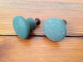 Pair Set Vintage Antique Green Painted Round Wood Knobs Drawer Cabinet P... - £36.96 GBP