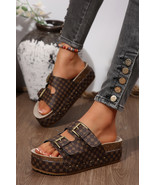 Coffee Checkered Print Dual Buckle Cut Out Platform Slippers - $595.08 MXN