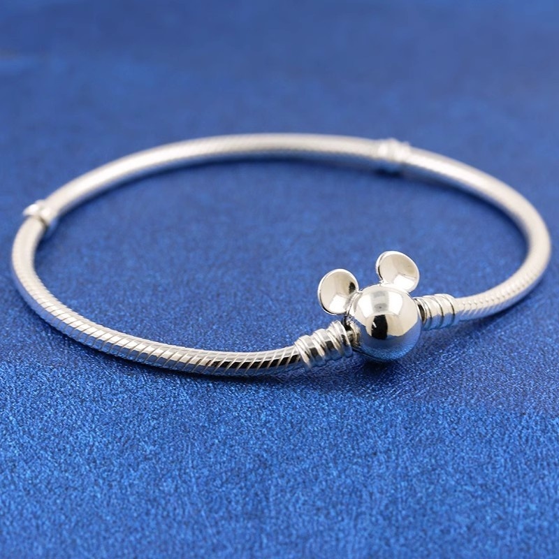 New 925 Sterling Silver Disney Mickey Mouse Clasp Moments Snake Chain Bracelet